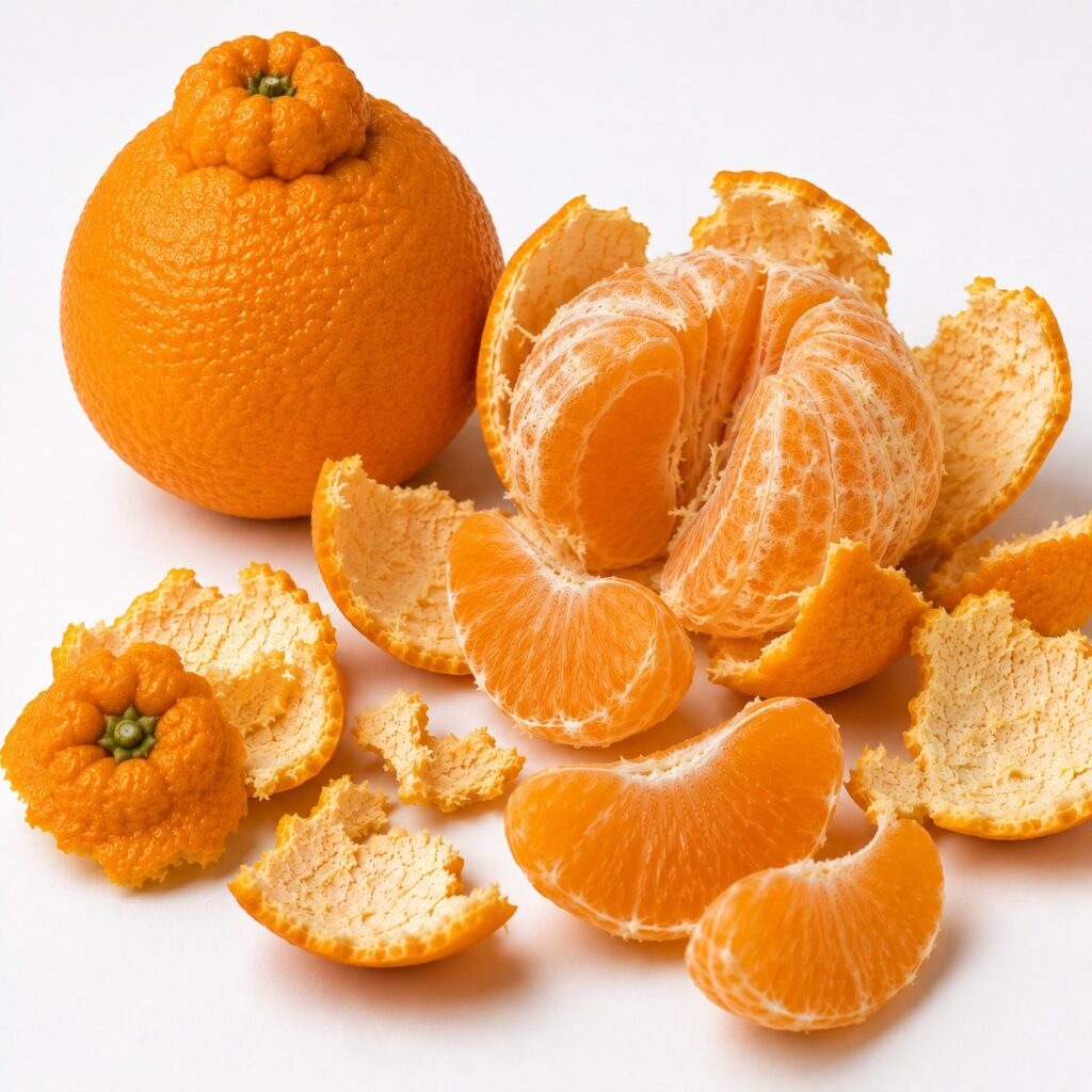 Partially peeled Dekopon Japanese citrus with juicy flesh on white background
