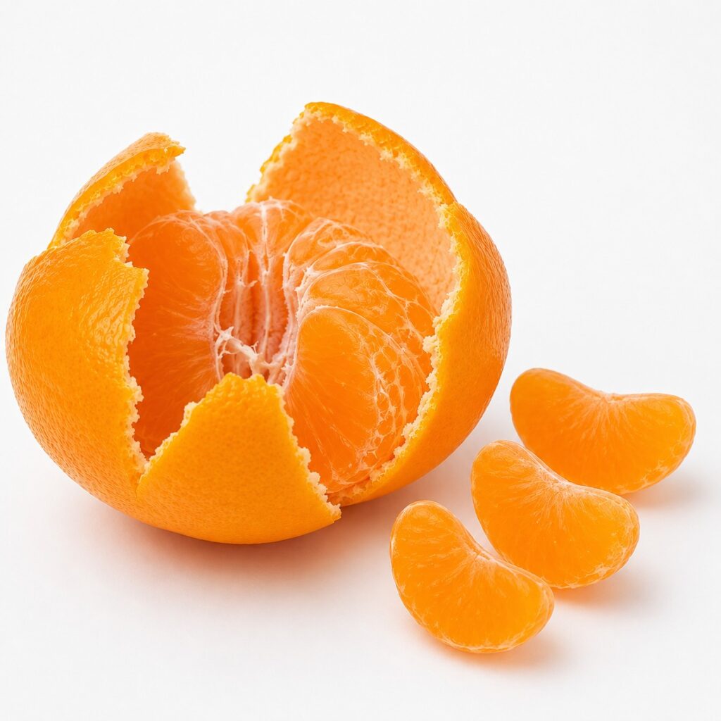 Partially peeled Harehime Japanese citrus with juicy segments on white background