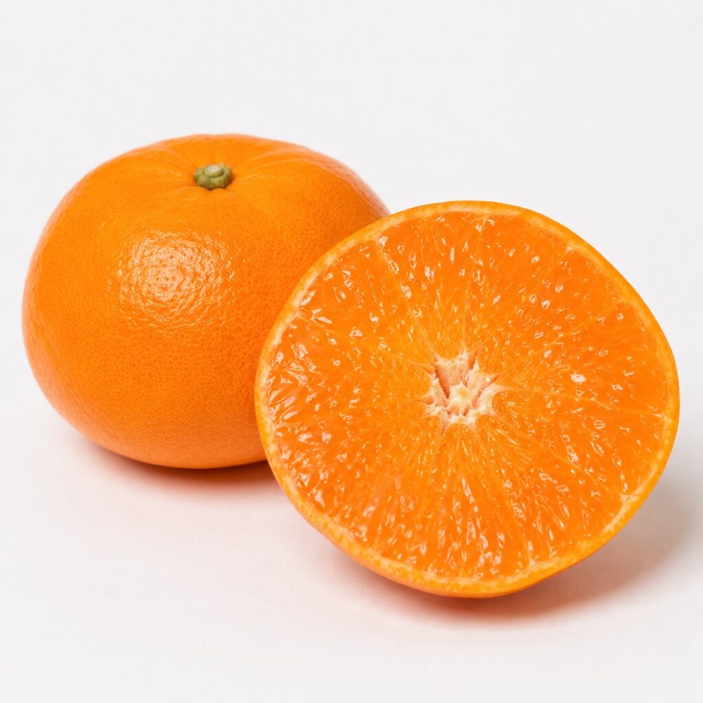 Setoka Japanese citrus whole and half cut showing juicy thin peel flesh
