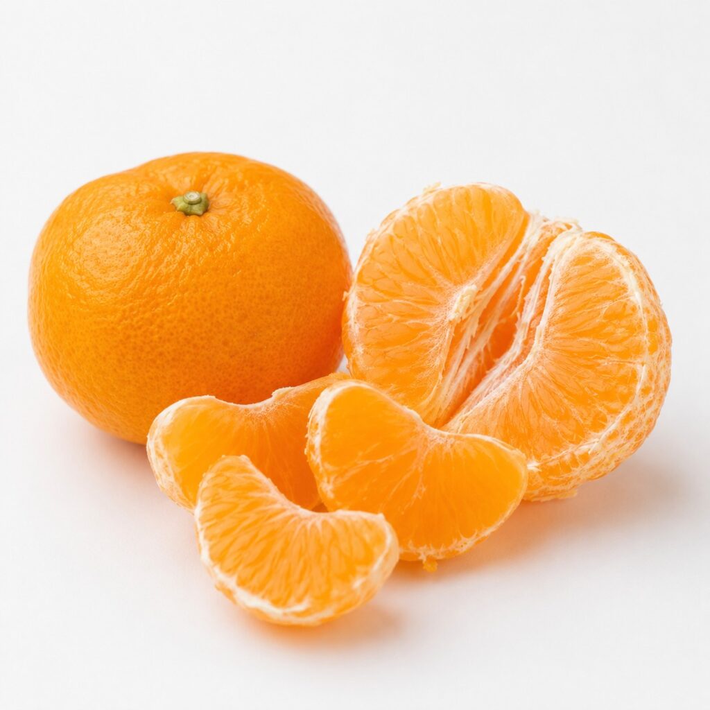Unshu Mikan Japanese citrus with peeled segments on white background