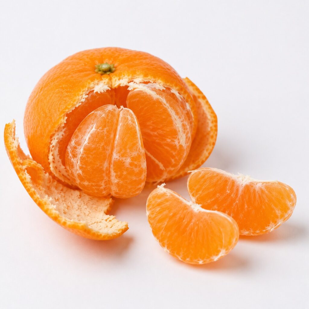 Partially peeled Unshu Mikan Japanese citrus with juicy segments on white background